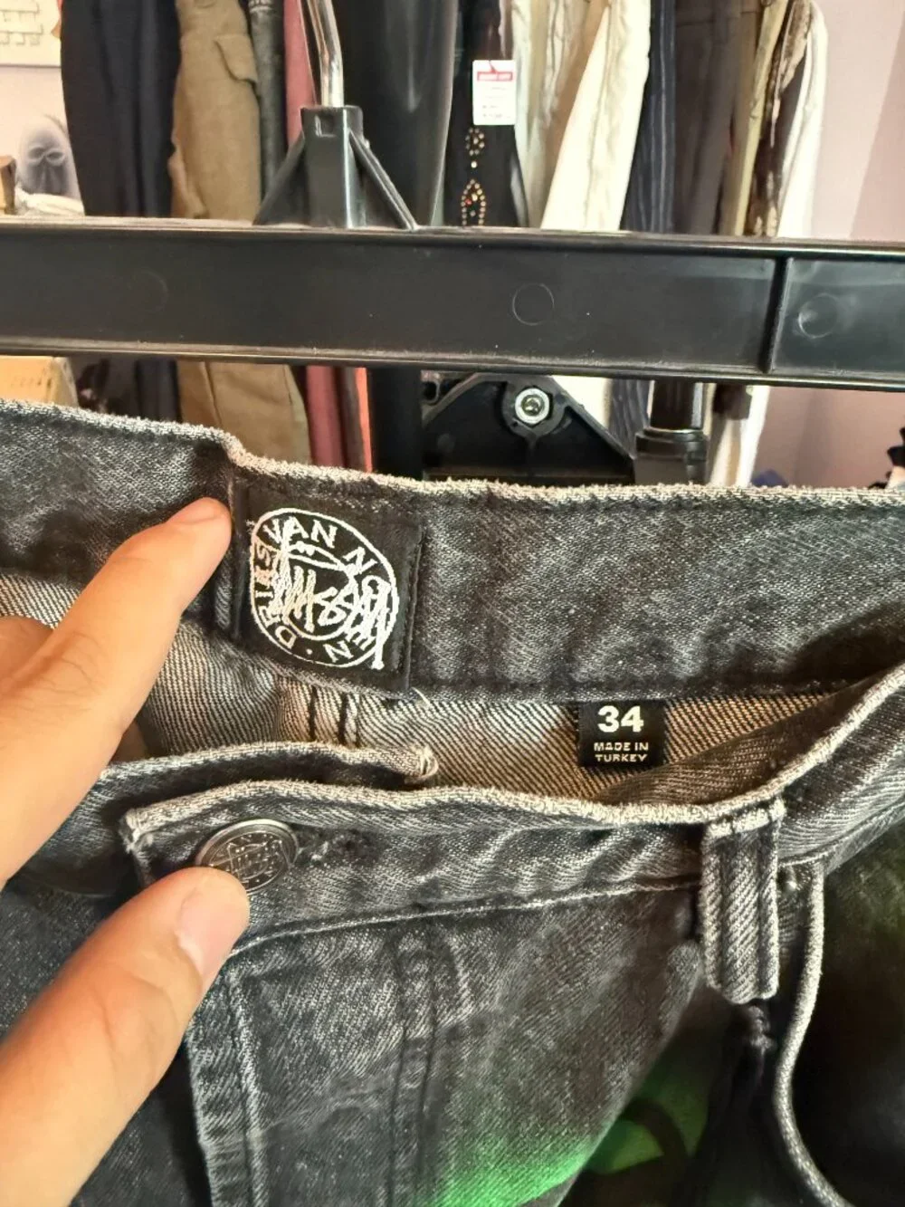 Stüssy Van Alon Dizzy Man Moon Graffiti Denim Jeans Green Black Size 34